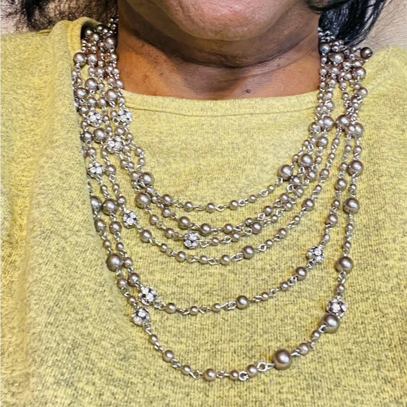 Ann Taylor Silver 6 Strand Necklace w/ Beads and Crystal Accents. 28 inch/2 inch - Picture 2 of 9